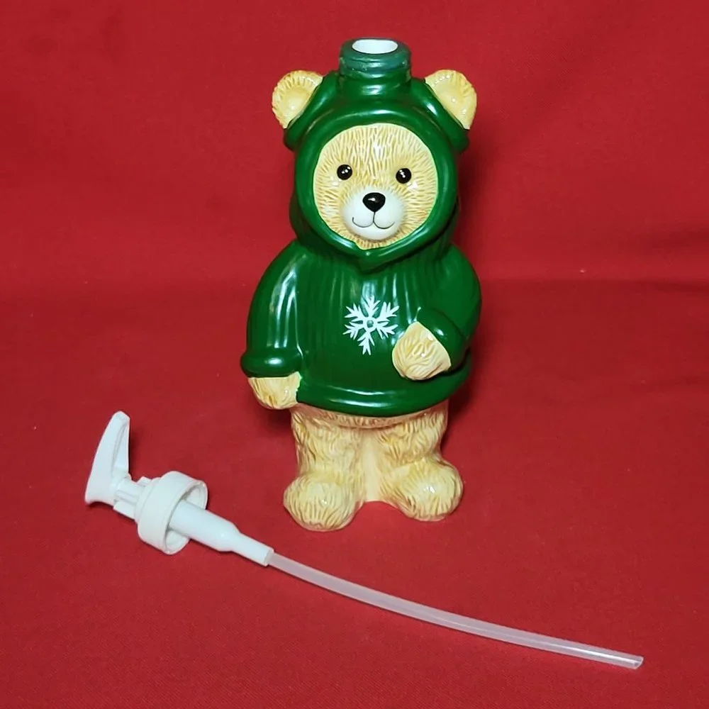 Ceramic Soap Dispenser Bear Wearing Snowflake Green Hoodie 9